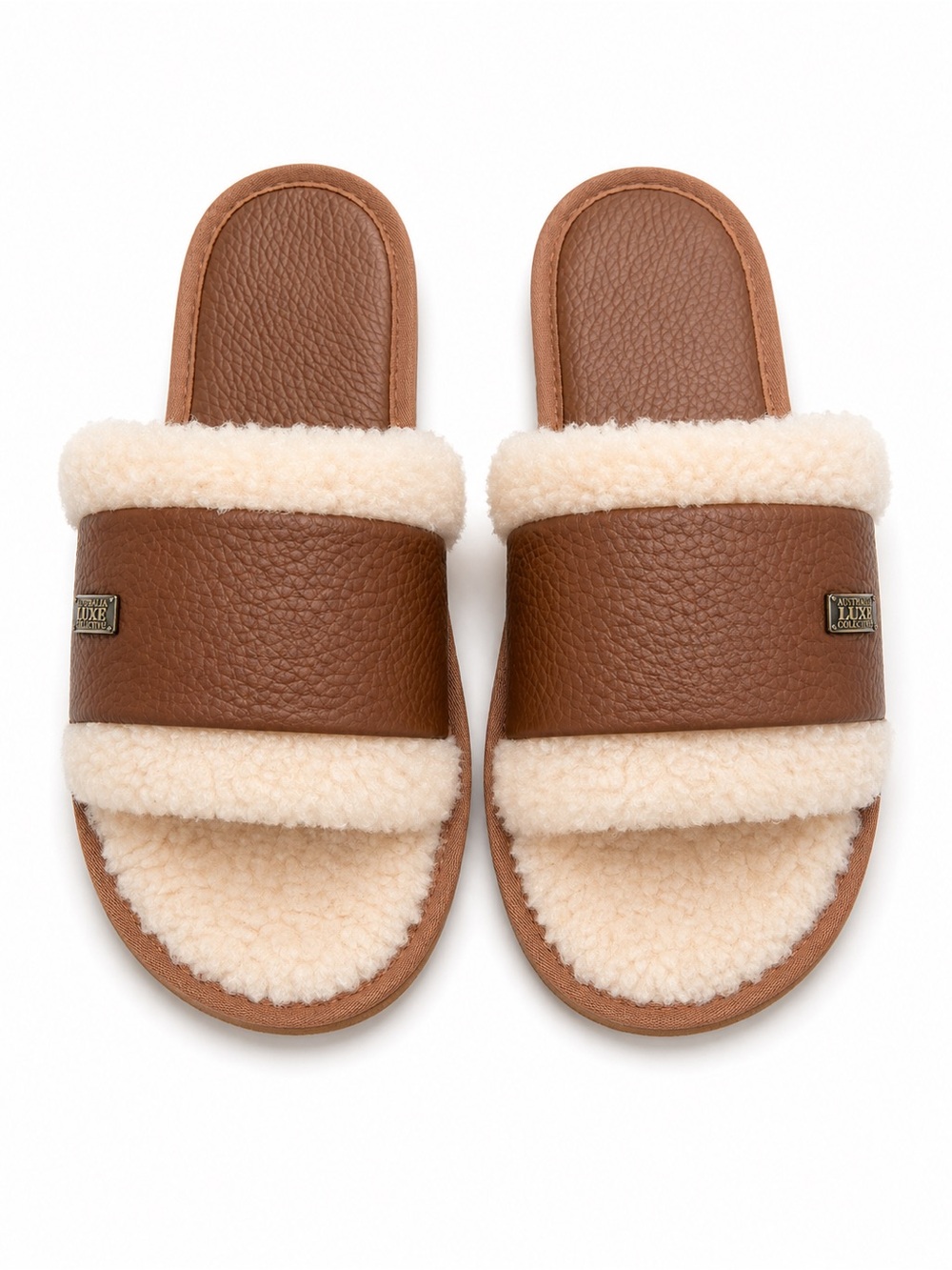 Australia Luxe Brown Faux-Shearling Slide Sandals
